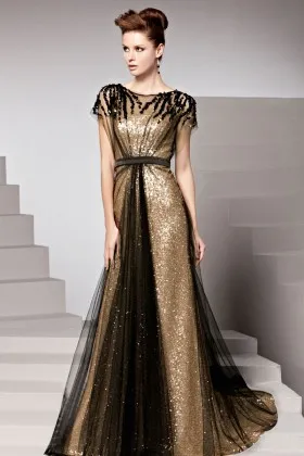 Luxury Gold Sequined Cap Sleeve Evening Prom Dress with Black Tulle Overlay