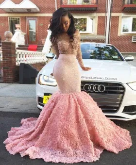 Beads Sequins Illusion Long Sleeve Pink 3D rose Trumpet Evening Prom Dress