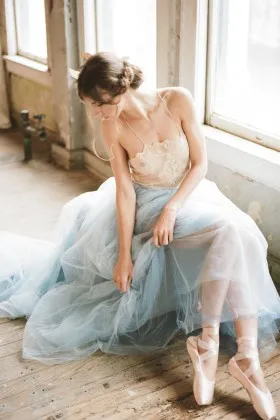 Romantic ivory lace and dusty blue tulle spaghetti straps long bridal dress