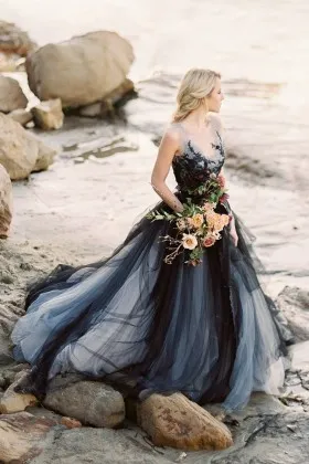 unique black grey tulle with lace beach wedding dress