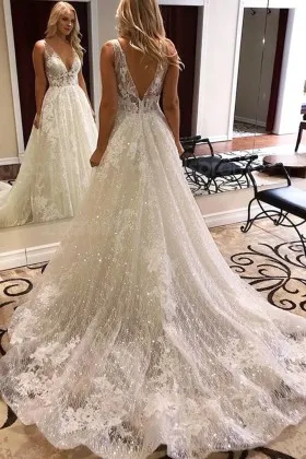 glitter mesh lace plunging V neck fall wedding dress