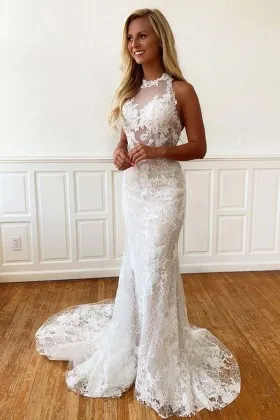 halter neck sleeveless lace mermaid spring bridal dress