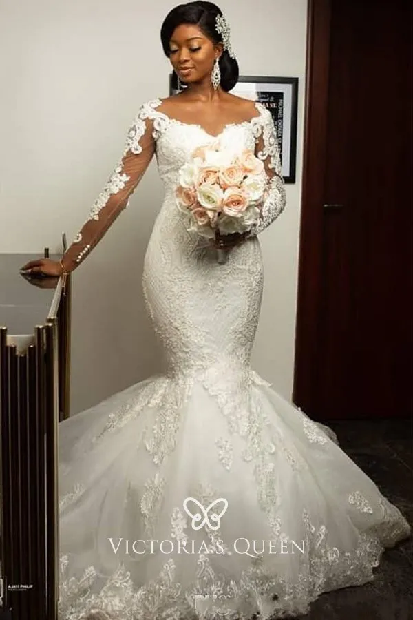 Illusion Long Sleeve Lace Trumpet Winter Wedding Dress - VQ