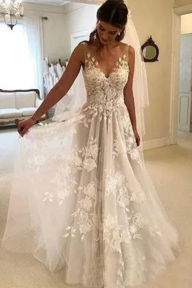 floral lace tulle V neck sleeveless casual wedding gown