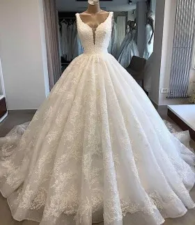 sequinned lace organza plunging neck wedding ballgown