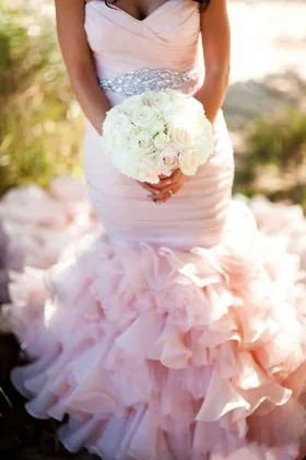 blush Organza Pleated Ruffled modern Mermaid Wedding Dress