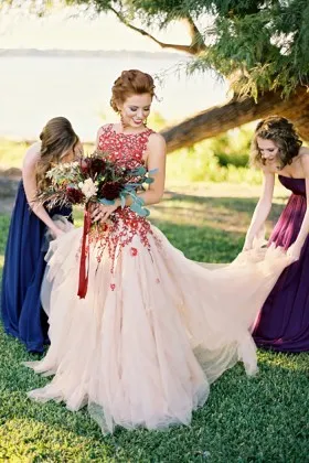 red floral lace light pink tulle unique wedding dress