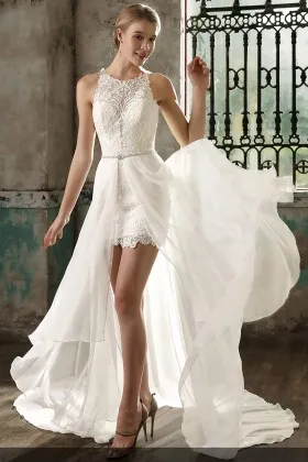 stylish sleeveless ivory lace and chiffon overskirt short wedding dress