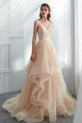 modern ruffled champagne glitter tulle low back bridal gown