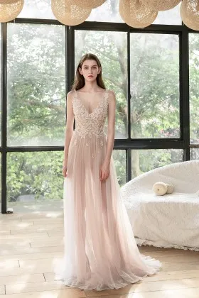 sexy dusty rose beaded floral lace tulle sheer wedding dress