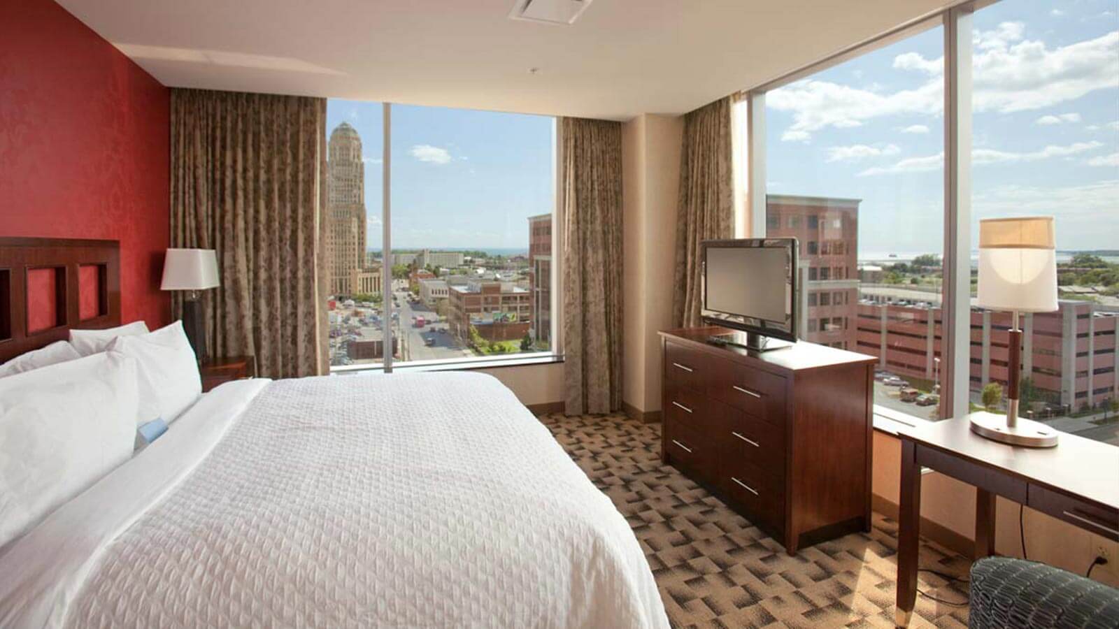 Interior shot of a room at Embassy Suites in downtown Buffalo, NY