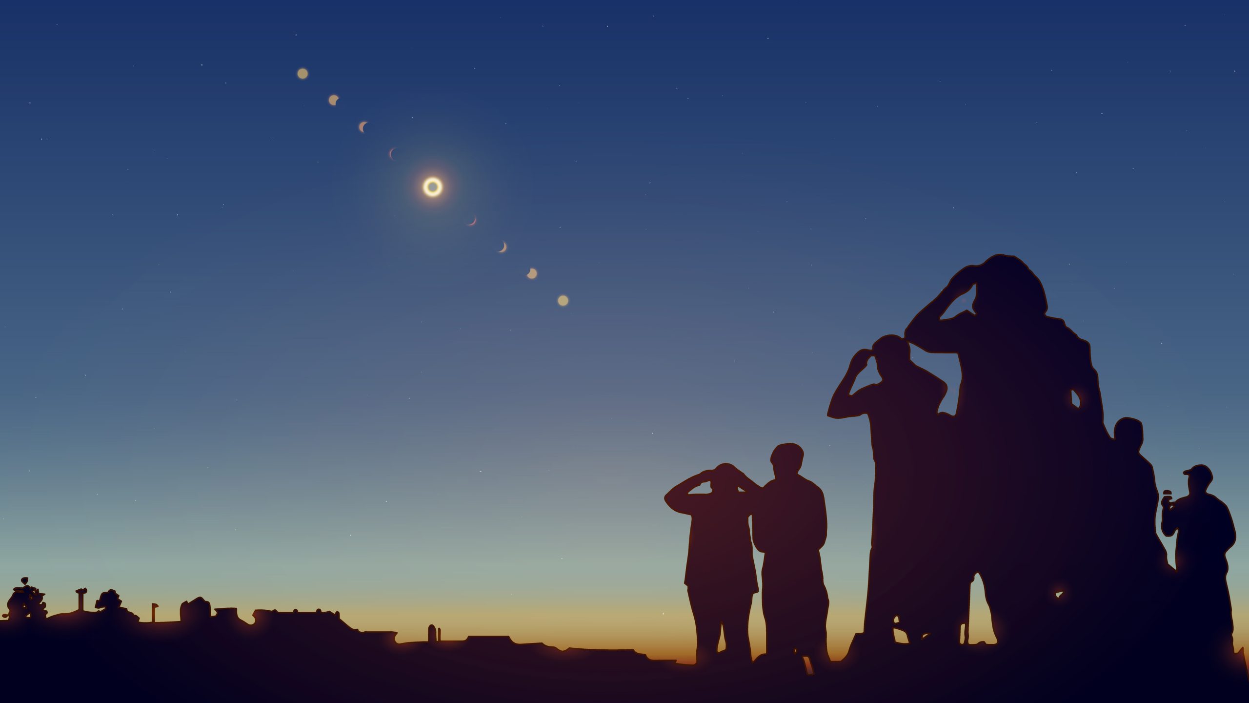 People are watching a solar eclipse in the sky with stars.