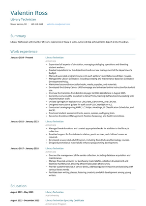 Library Technician Resume Sample and Template