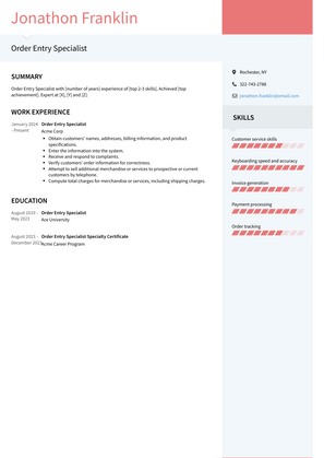 Order Entry Specialist Resume Sample and Template