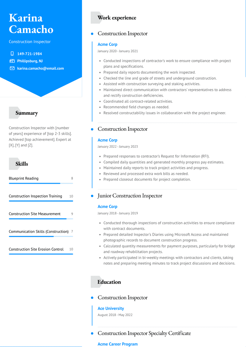 Construction Inspector Resume Examples and Templates