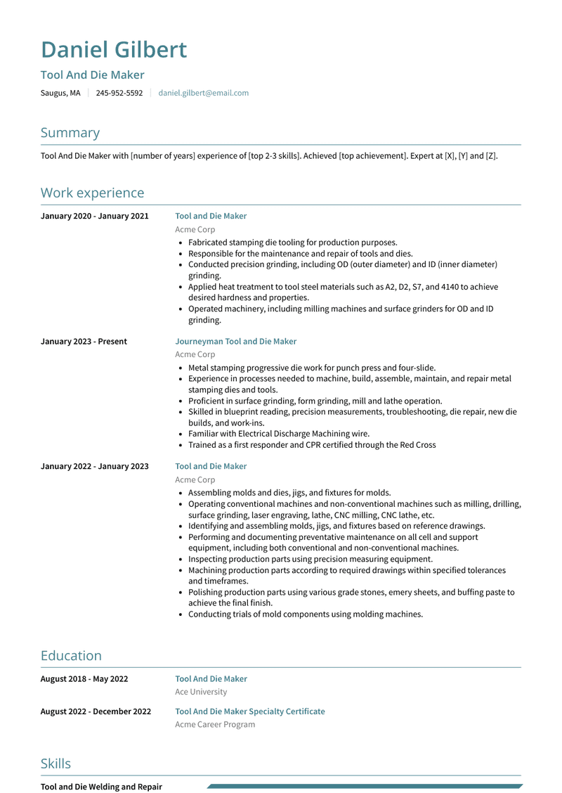 Tool And Die Maker Resume Sample and Template