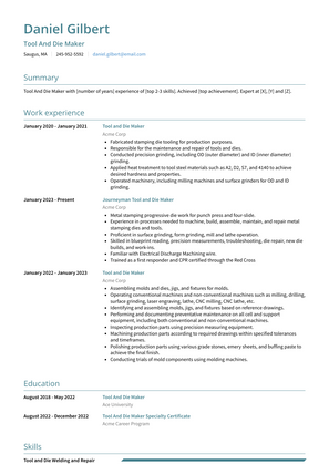 Tool And Die Maker Resume Sample and Template