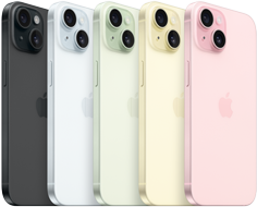 iPhone 15, R�ckseite mit fortschrittlichem Kamera-System und durchgef�rbtem Glas in allen Farben: Schwarz, Blau, Gr�n, Gelb, Pink.