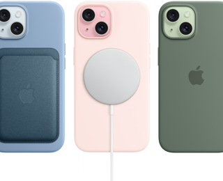 iPhone 15 und iPhone 15 Silikon Case mit MagSafe, Feingewebe Wallet mit MagSafe, MagSafe Ladeger�t, Externe MagSafe Batterie.