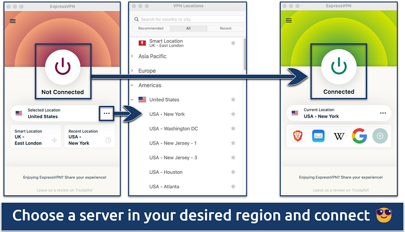 Screenshot showing the ExpressVPN server list and app