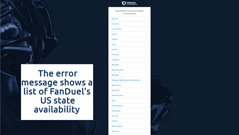 Screenshot of the availability of FanDuel in US states