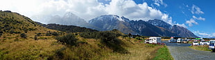 white RV, New Zealand, Mt Cook, mountains