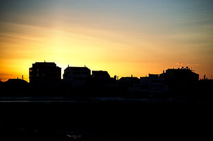 silhoutte of buildings, sunset, sky, sunlight