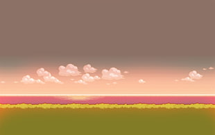 white clouds and green grass field wallpaper, pixel art, pixels, digital art, horizon