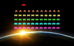 galaga game, pixels, pixel art, digital art, video games