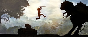 silhouette of man holding stick, fantasy art