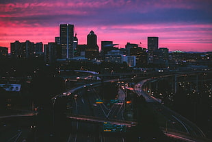 gray concrete road, cityscape, skyscraper