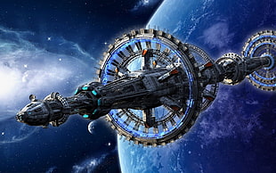 black spaceship, spaceship, space station, science fiction, artwork