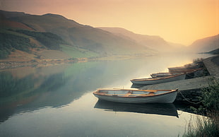 white wooden row boats, boat, river, nature, landscape