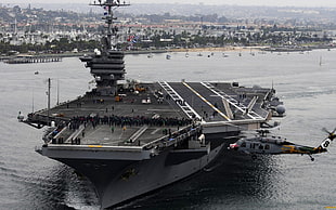 gray and white ship, warship, aircraft carrier