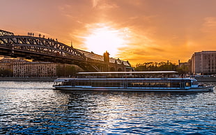 white ship, cityscape, boat, river, sunset