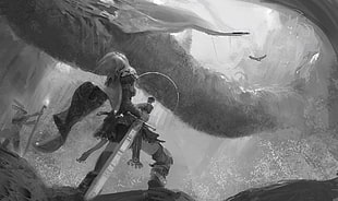 grayscale photo of man holding sword, fantasy art