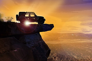 silhouette photo of Jeep Wrangler near cliff during sunset