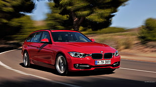 red BMW station wagon, BMW 3, BMW, road, red cars