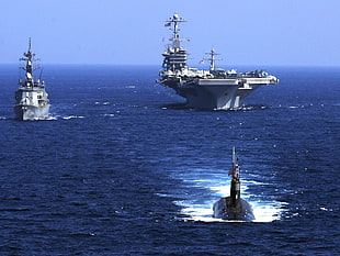 gray submarine, warship, aircraft carrier, military, sea