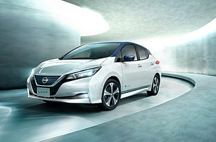 white Nissan Leaf HD wallpaper