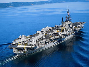 white and blue boat on boat, aircraft carrier, warship, military, vehicle