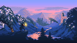 mage cartoon character on mountain, pixel art, fantasy art, digital art, mountains