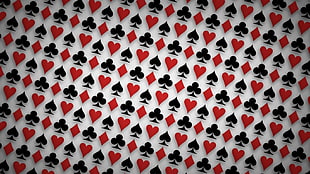 white, red, and black playing card print textile, heart, spades, playing cards, pattern HD wallpaper