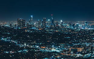 lit skyscrapers, cityscape, night, lights