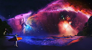 man standing while holding surfboard artwork, fantasy art, astronaut, nebula, surfing