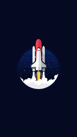 gray, red, and blue rocket illustration