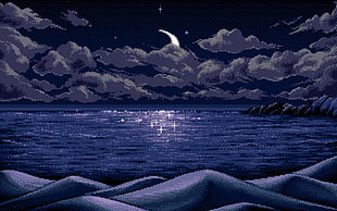 sea at noon time artwork, digital art, pixel art, pixels, Moon