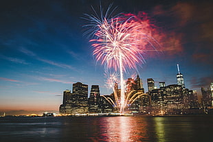 black buildings, cityscape, building, reflection, fireworks