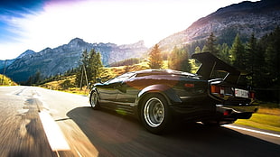 black coupe, car, road, Lamborghini, Countach