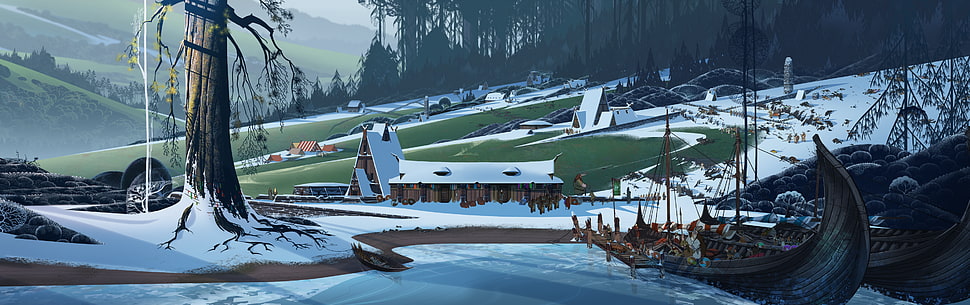 white and green speed boat, The Banner Saga, video games, artwork, concept art HD wallpaper